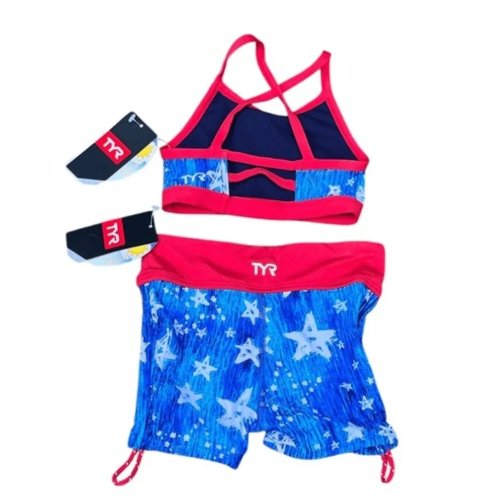 TYR Red and Blue Star Swim Top and Shorts, Size XS Girls‎